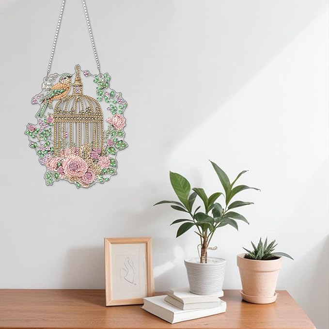 NAIMOER Diamond Art Hanging Kits for Adults, Flower Birdcage Diamond Art Suncatchers, 5D Special Shape Fall Diamond Painting Pendant Window Ornament Gifts for Home Garden Door Wall Decor
