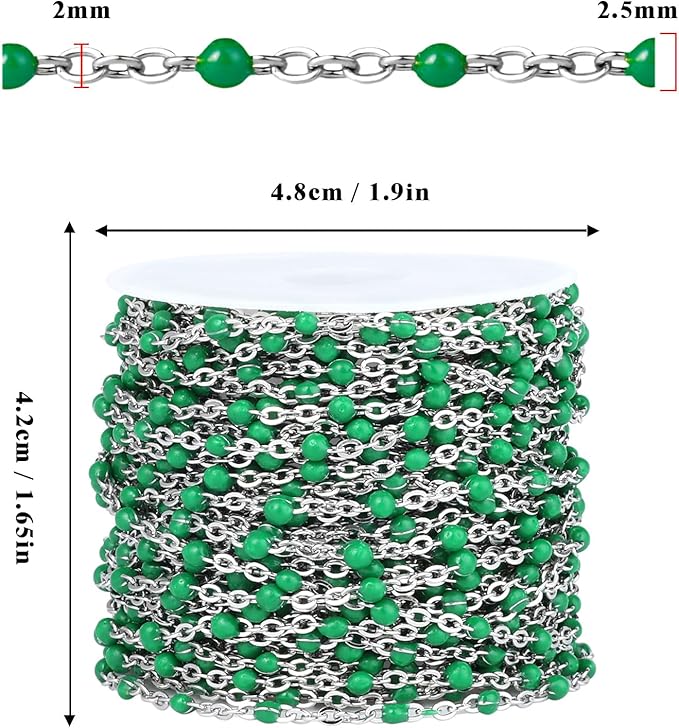 33 Feet Stainless Steel Enamel Chains Bulk, 2mm 304 Stainless Steel Green Enamel Beaded Cable Link Chain Roll Spool for Jewelry Making
