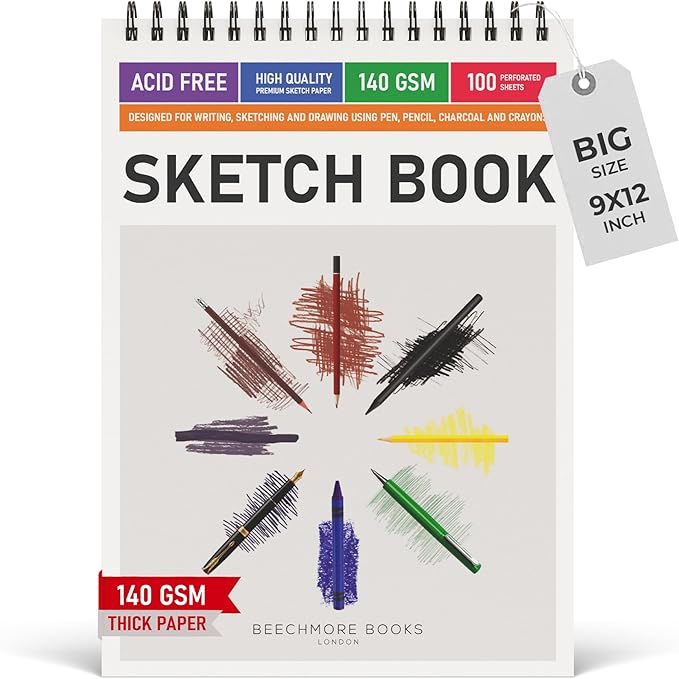 beechmore books 9x12 spiral sketchbook – 140 gsm acid-free paper, 100 perforated pages, a4 art sketch pad for drawing & sketching, artists, adults