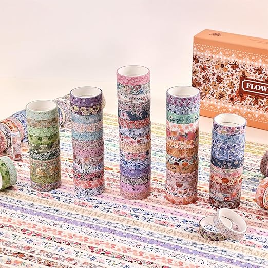 60 Rolls Flowers Theme Washi Tape Set with Different Colorful Patterns, Writable Decorative Tapes for Scrapbooking, Junk Journal Supplies, Bullet Journaling, 0.39'' x 79'' per Roll