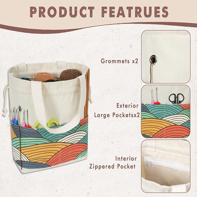 TOGETRUE Yarn Bag, Knitting Crochet Tote Bag, Yarn Storage Bags Organizer, Crochet bags for Crocheting Project, Store Skein Ball, Short Knitting Needle (Large, Color Arc)
