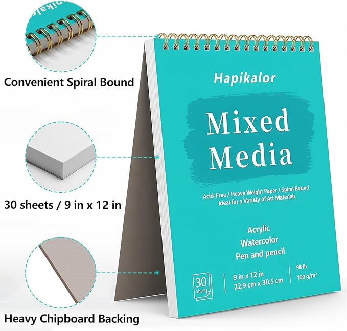 sketch book mixed media pad - 9" x 12" top spiral bound sketch pad, 30 sheets 98lb/160gsm acid-free drawing paper, art supplies sketchbook for drawing, sketching