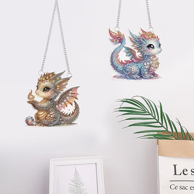 2 Pack Diamond Painting Dragon Hanging Ornaments – DIY Crystal Art Sun Catcher Kit for Window, Wall or Car Decor – Cute Fantasy Baby Dragon Decorations for Adults or Gift