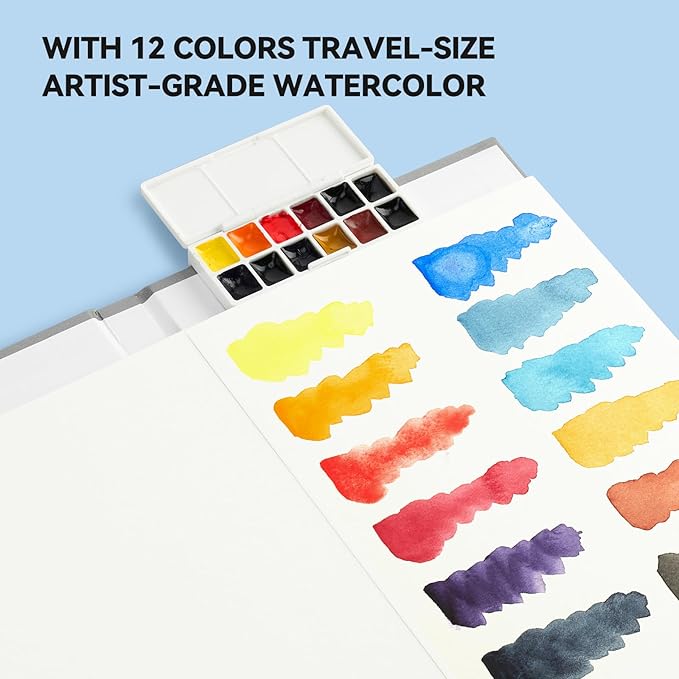 Paul Rubens Travel Watercolor Sketchbook, 24 Sheet 140lb/300gsm 100% Cotton Acid-Free Hot Press Watercolor Journal with Glitter Effect (7.67"x5.31"), with 12-Color Travel-Size Artist Grade Water color