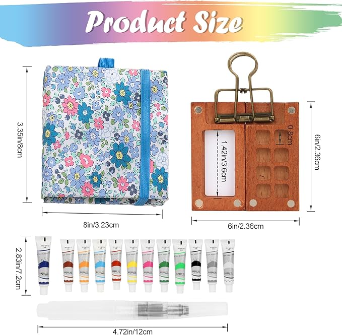Travel Watercolor Set，Mini Paint Palette Travel kit，Mini Water Color Paint Set，Wooden 8 Grid Paint Box,12 Colors Small Watercolor Sketchbook for Artists Painters Students (12-blue)