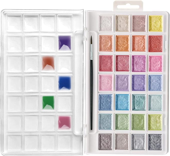 Artecho 28 Metallic Watercolor Paint Set, Glitter Colors, Semi-Moist Pearlescent Water color, Ideal for Beginners and Artists