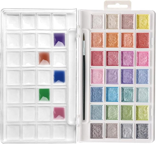 Artecho 28 Metallic Watercolor Paint Set, Glitter Colors, Semi-Moist Pearlescent Water color, Ideal for Beginners and Artists