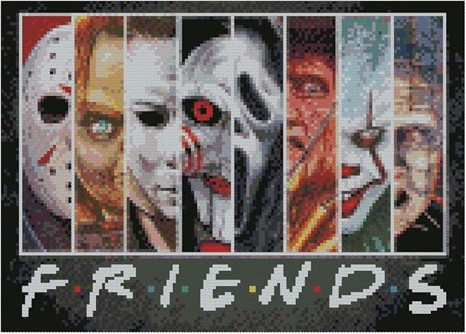 Halloween Cross Stitch Stamped Kits for Adults Beginners-Horror Embroidery Friends Counted Cross Stitch Kits Patterns for Beginners 11 CT Dimensions Embroidery Kits Arts Craft Kits Home Decor