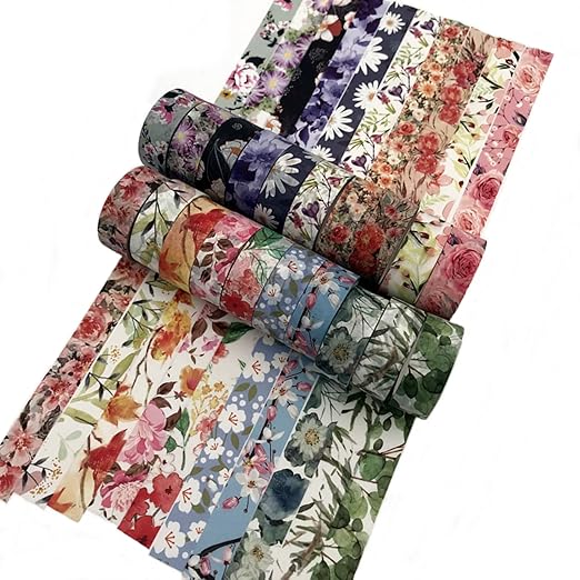 Floral Washi Tape Set 20 Rolls 15mm Wide Flower Decorative Paper Tapes for Scrapbooking, Journal, Planner, DIY Crafts, Gift Wrapping