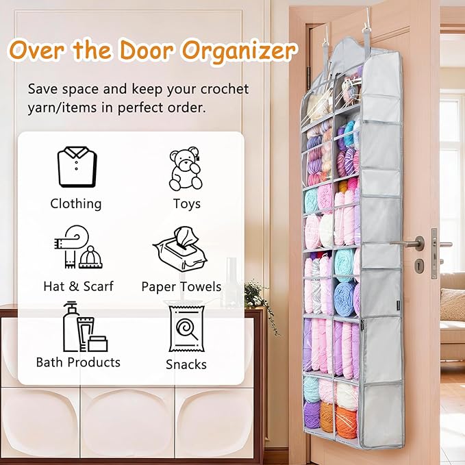 MYBAGZING Hanging Yarn Storage Organizer with Zipper Pockets, 6 Tiers Over the Door & Closet Yarn Holder, Large Crochet & Knitting Organizer with Side Pockets for Hooks, Needles & Accessories