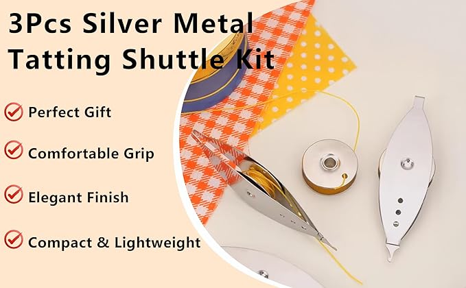 New 3Pcs Silver Metal Tatting Shuttle Kit for Beginners with Bobbin Supplies, Premium Iron Needle Shuttles for Household Knitting, DIY Vintage Lace Making Craft Projects and Sewing Accessories