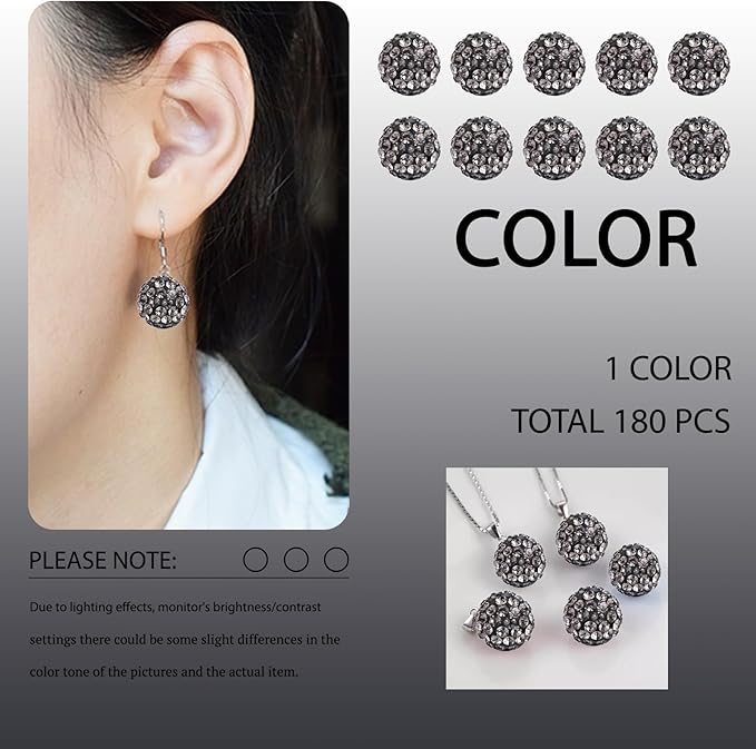 180 pcs Grey Rhinestone Beads for Jewelry Making-10mm Round Disco Ball Beads Crystal Baseball Bead Bling Beadfor Necklace Bracelet,DIY Craft Supplies,Earring Jewelry Making