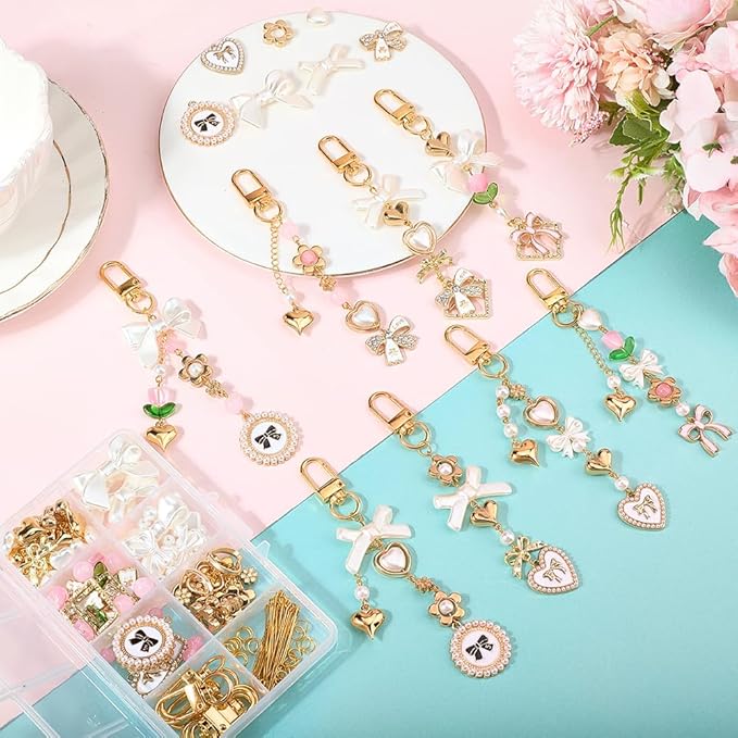 SUNNYCLUE 1 Box 156Pcs DIY 8 Sets Keychain Making Kit Bows Key Chain Charm Bead Kit Bowknot Beads Bulk Imitation Pearls Flower Bow Heart Swivel Key Rings for Jewelry Making Crafts Keyrings Supplies