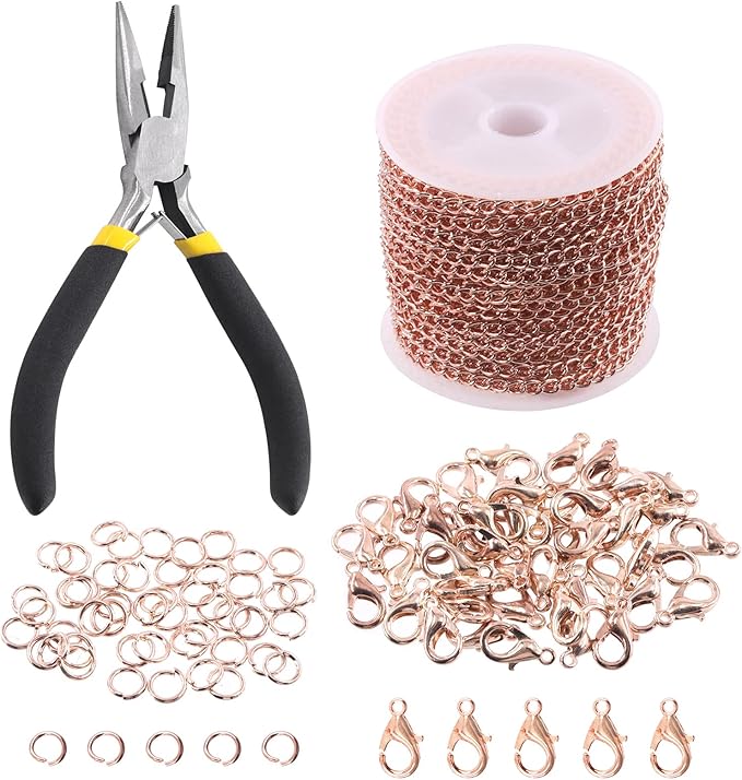 Keadic 102Pcs 30 Feet Jewelry Making Chains Kit W 3mm Metal Necklace Twisted Links Chain, Lobster Clasps, Open Jump Rings and Jewelry Pliers for Bracelet Earring Anklet DIY (Rose Gold)