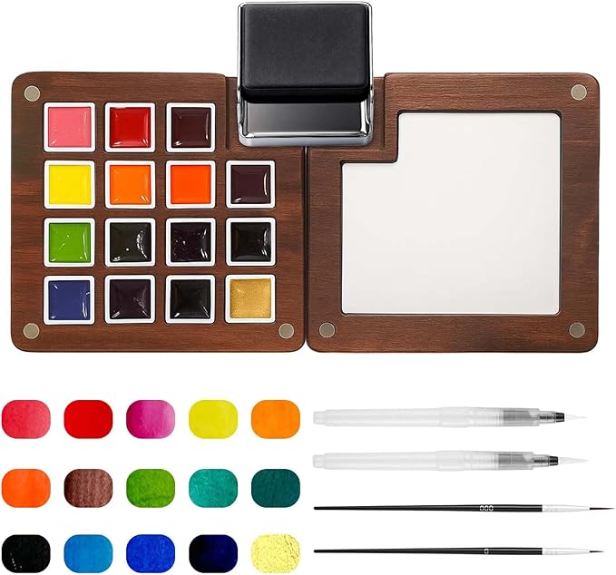 Mini Watercolor Paint Set - 15 Color Travel Watercolor Palette Set - Portable Water Color Paint Set with Binder Clips, Watercolor Brush Pens, Wooden Box for Beginners Painters Artists Student