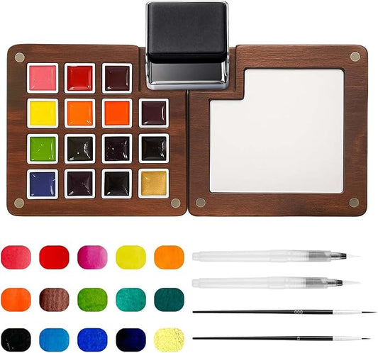Mini Watercolor Paint Set - 15 Color Travel Watercolor Palette Set - Portable Water Color Paint Set with Binder Clips, Watercolor Brush Pens, Wooden Box for Beginners Painters Artists Student