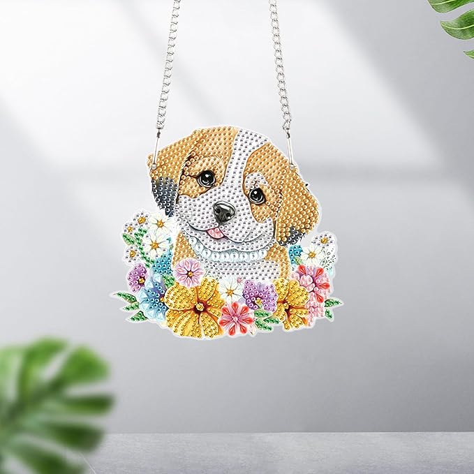 AiYuanzsh DIY Dog Diamond Art Hanging Kit, Floral Special-Shaped Acrylic Rhinestone Diamond Painting Pendant Ornament for Home, Garden, or Wall Decor Gift