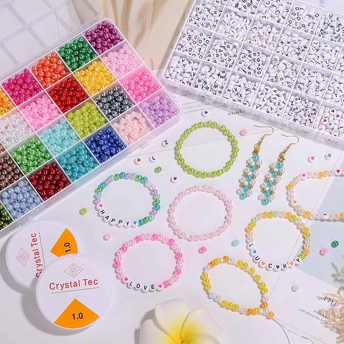 2000Pcs 6mm Small Pearl Beads for Jewelry Making 28 Colors with 1300Pcs Letter Beads for Bracelets Making, Bead Kit Bracelets Making for Crafting