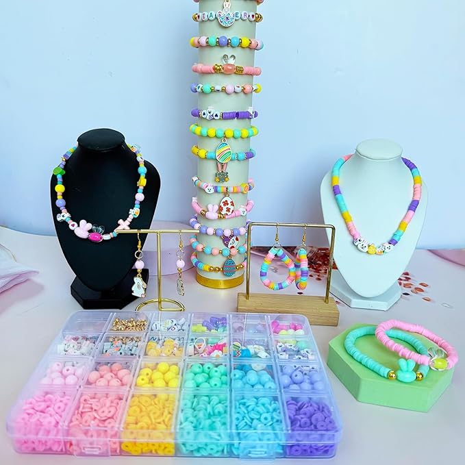 1955Pcs Easter Beads for Bracelets Jewelry Making Kit, Candy Color Assorted Spring Beads Easter Egg Bunny Clay Beads Cute Kawaii Pastel Beads with Easter Charm for DIY Crafts Necklace Earring Phone