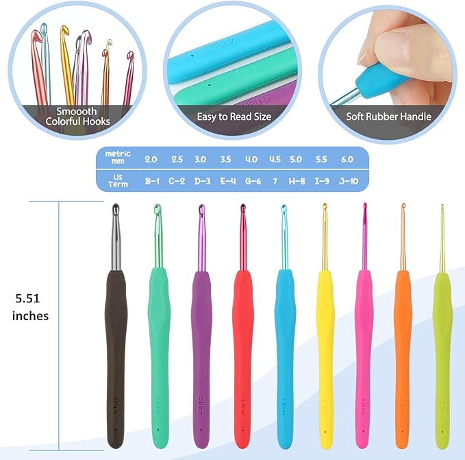 Aeelike Crochet Kit for Beginners with Yarn and Introduction Book, Crochet Starter Kit Everything Included, Learn to Crochet Kit with Ergonomic Soft Grip Crochet Hooks and Blue Flower Bag
