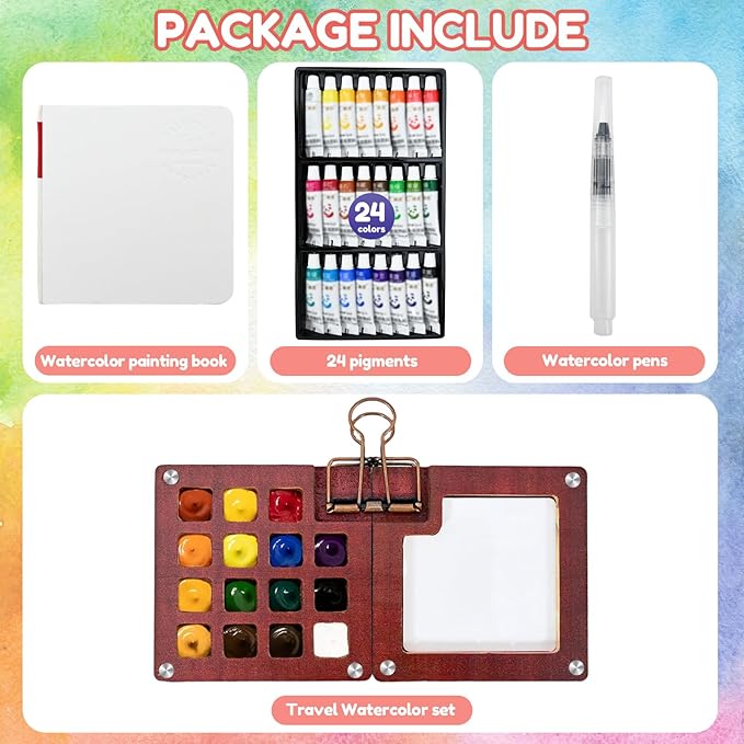 Mini Watercolor Travel Set – 24 color Paints, 15 Grids Portable Wooden Travel Palette, Brush, Sketchbook, Metal Clip – Perfect for Artists, Students Ideal for Outdoor Sketching