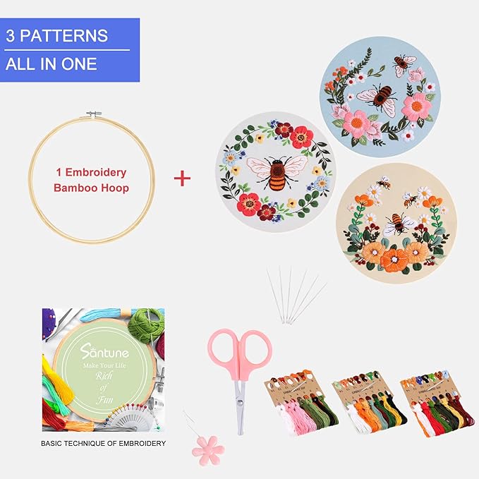 Santune 3 Pack Bee Embroidery Kit for Beginners Adult Cross Stitch Kits Hand Embroidery with Animal Patterns and Instructions,DIY Sets for Women with Hoop,Threads and Needles