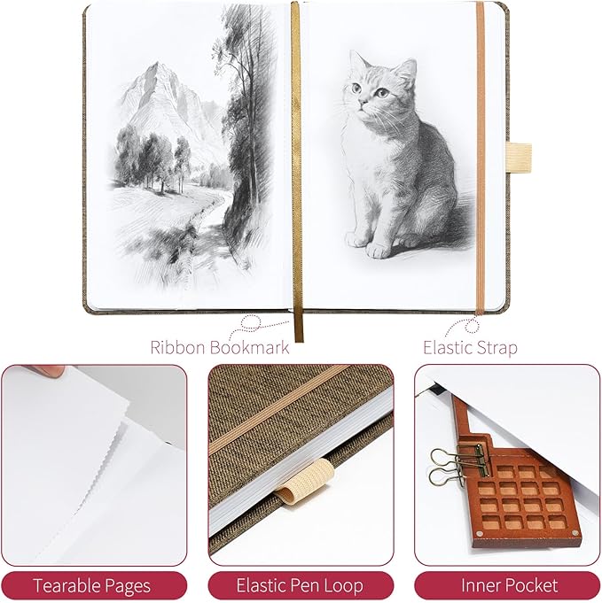 Vienrose 8.7"x5.7" Sketch Books, Linen Cover Hardbound Sketching Book with Acid-Free Paper, Drawing Pad for Kids, Beginners & Professionals, Art Supplies for Adults & Students(Brown, 60 Sheets)