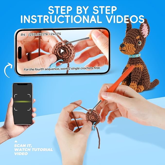 LUDOTEK Crochet Kit for Beginners, Crochet Animal Kits,Crocheting Kit for Starters with Step-by-Step Video Tutorials, Beginner Crochet Kits for Adults(2 Pack Doberman)