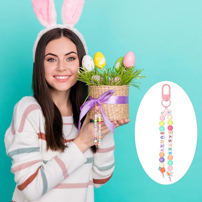 Landical 564 Pcs Easter Bead Keychain Kit DIY Easter Basket Name Tags Key Chain Making Craft Adjustable Letter Beads String Gift Alphabet Jewelry Backpack Accessories Spring Party Favor Decoration