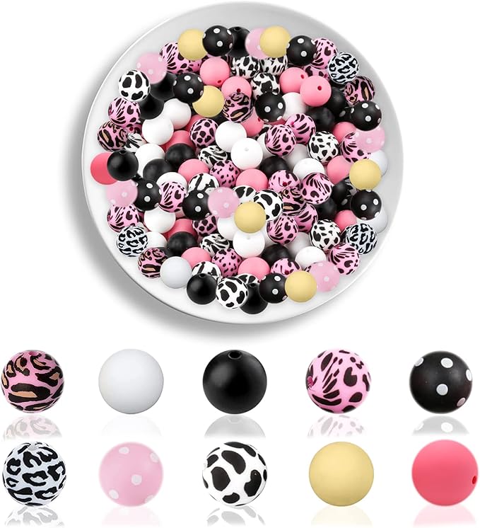 58Pcs Leopard Cow Dot Print Silicone Beads Set 15mm Mix Color Silicone Bead Charm Black Pink White Round Loose Spacer Beads for DIY Craft Garland Keychain Lanyard Necklace Bracelet Jewelry Making