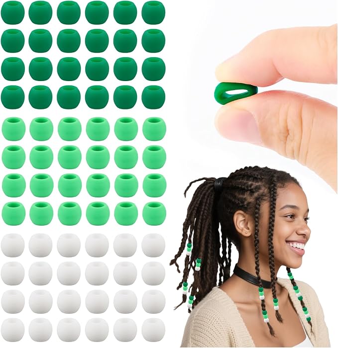 AD Beads 216PCS 6x9mm Soft Pony Silicone Beads for stylehair, Green Series with 80 Elastic Bands, Tool and Storage Box Kit for Braids, Bracelet, Crafts.