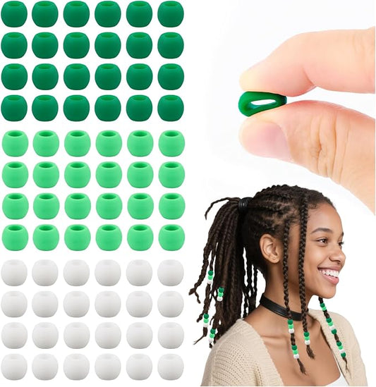 AD Beads 216PCS 6x9mm Soft Pony Silicone Beads for stylehair, Green Series with 80 Elastic Bands, Tool and Storage Box Kit for Braids, Bracelet, Crafts.