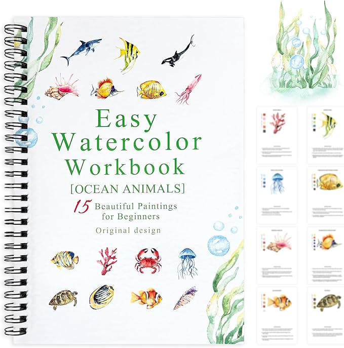 SLWBZ Watercolor Workbook Ocean Animals, 15 Different Patterns of Original DIY Designs, Beginner-Friendly Watercolor Workbooks, (Ocean Animals, Without Palette)