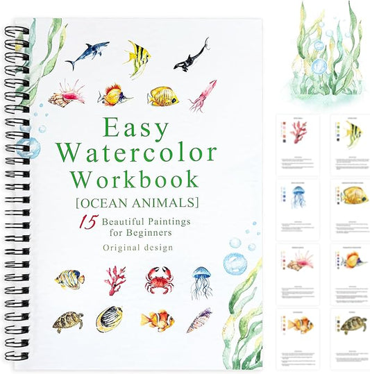 SLWBZ Watercolor Workbook Ocean Animals, 15 Different Patterns of Original DIY Designs, Beginner-Friendly Watercolor Workbooks, (Ocean Animals, Without Palette)