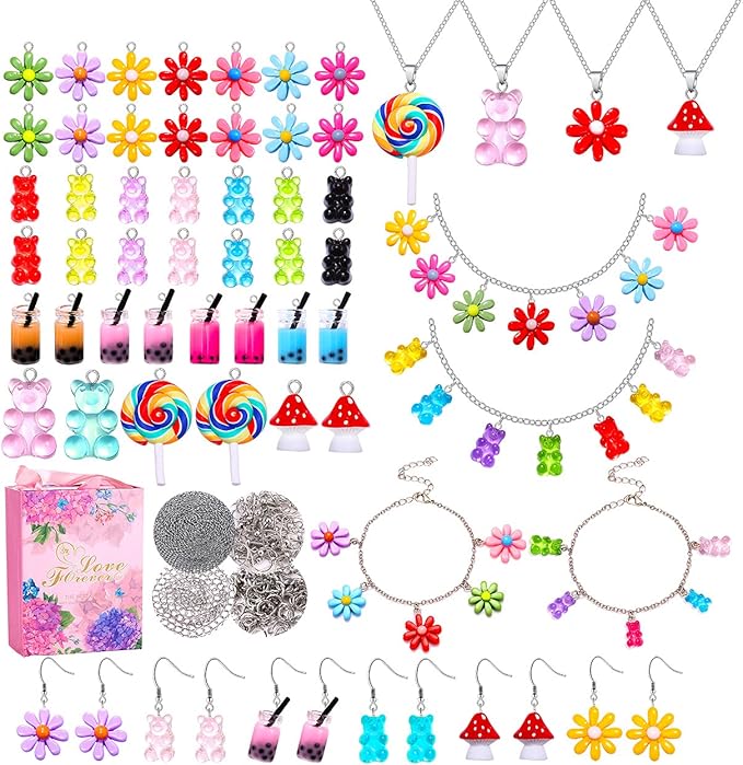 HSWE 263 PCS Charm Bracelet Making Kit,Colorful Gummy Candy Bear Milk Tea Lollipop Flower Pendant Charms Cute Funny Mushroom Earring Necklace DIY Jewelry Craft Making for Women