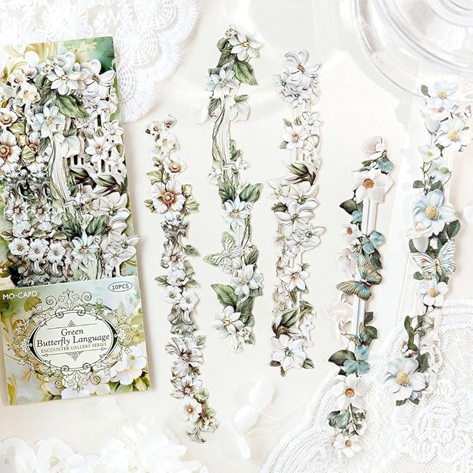 60pcs Vintage Flowers Scrapbook Kit Embossed Flower Stickers for Scrapbooking Journaling Scrapbook Stickers Aesthetic Long Strip Floral Sticker Pack Junk Journal Supplies Self-adhesive Decoupage Paper