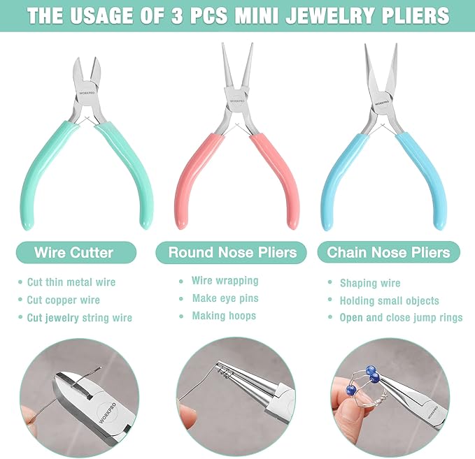 workpro jewelry pliers set, 3 pack jewelry making tool kit includes mini needle nose plier/chain nose plier, round nose plier and wire cutter for jewelry repair, diy crafts, jewelry making supplies