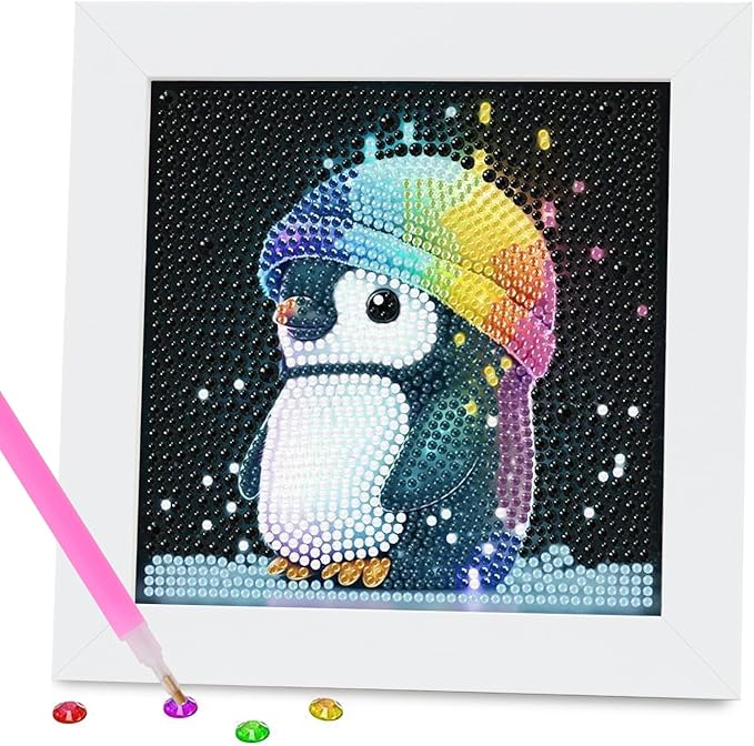 PERFECTSIGHT Cute 5D Diamond Art Kits with Wooden Frame, Kawaii DIY Painting Art for Adults Teen, Diamond Arts and Crafts Sets, Big Gem Full Drill Diamond Dots for Women Beginners (Penguin)