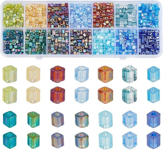 PH PandaHall 1400pcs 3mm Cube Glass Seed Beads Kit 14 Colors Transparent Colours Rainbow Crystal Square Beads Small Bead Cube Mini Bracelet Bead for Bracelets Earring Making Supplies