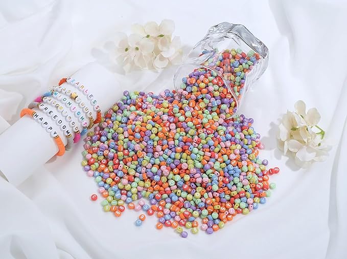 LAIDANLA 1000PCS Acrylic Number Beads White Number Colorful Round Bead 7×4mm for Jewelry Bracelets Necklaces Key Chains Making
