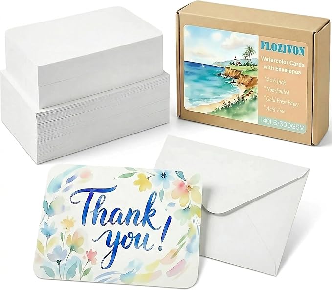100 Sets Watercolor Paper, 4x6 Inch Watercolor Cards with Envelopes, 140lb/300gsm Water Color Paper, Art Supplies for Adults Kids, Cold Press Textured Cotton Sheets, Artist Painting Drawing Postcards