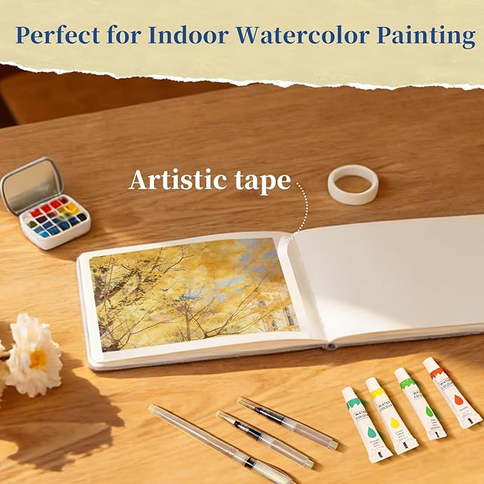 Vienrose Mini Portable Watercolor Palette Set for Travel & Outdoor Painting with 8.5" x 5.5" Linen Cover Watercolor Sketchbook, 24-Color Watercolor Paints, 3 Pens, Artist Tape & Storage Bag