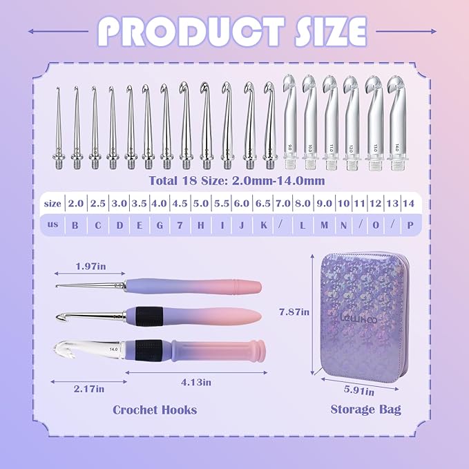 Lewhoo 18 Size Interchangeable Crochet Hooks 2.0mm(B)-14.0mm(P), Ergonomic Crochet Hooks Set for Beginner with 3 Spiral Handles, Gradient Purple