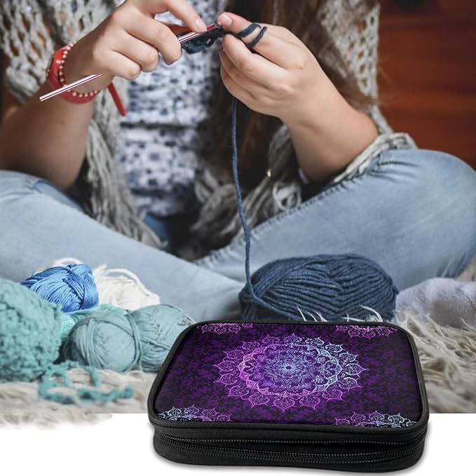 Hechitok Mandala Purple Crochet Hook Case Without Hooks and Accessories Zipper Storage Organizer Bag with Web Pockets for Various Crochet Needles Accessories Crochet Hook Kit Tools