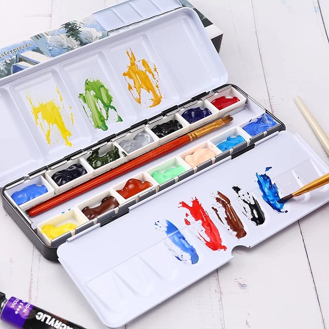 LOONENG Metal Watercolor Tray Palette with 14 Empty Full Pans for Plein Air, Acrylic and Oil Painting