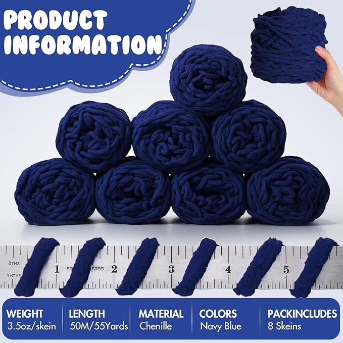 Buryeah Chunky Chenille Yarn for Crocheting Soft Thick Fluffy Yarn for Hand Knitting Bulky Velvet Blanket Plush for Weaving DIY Crafts Each 3.5 oz 55 Yards(Navy Blue,8 Pack)