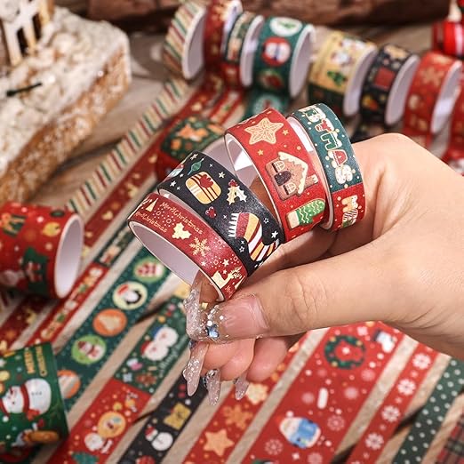 Christmas Theme Washi Tape Set, 12 Rolls Christmas Washi Tape Writable Decorative Tapes for Scrapbooking, Junk Journal Supplies, Bullet Journaling, 0.6"x79" per Roll
