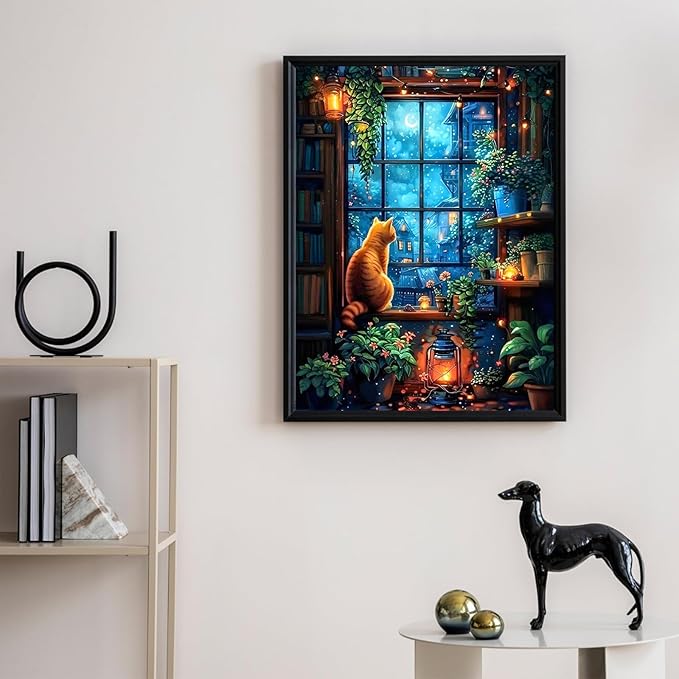 Camocin Diamond Art Kits for Adults Cat, 5D Window Landscape Diamond Painting Kits for Adults Beginners, DIY Potted Plant Full Round Dots Drill Gem Art Kit for Gift Home Wall Decor 12 x 16 Inch