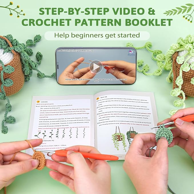 Crochetta Crochet Kit for Beginners, Amigurumi Crocheting Animals Kits w Step-by-Step Video Tutorials, Knitting Starter Pack for Adults and Kids, 2 Hanging Plant Familly (40%+ Yarn Content)