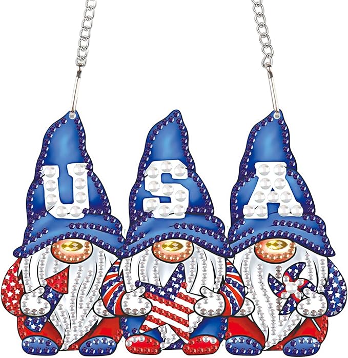 AiYuanzsh 5D Diamond Painting Hanging Pendant Kit – Independence Day Gnome 5D Diamond Art Dots Acrylic Pendant Craft for Adults – Crystal Rhinestone Suncatcher for Door Wall Window Decor